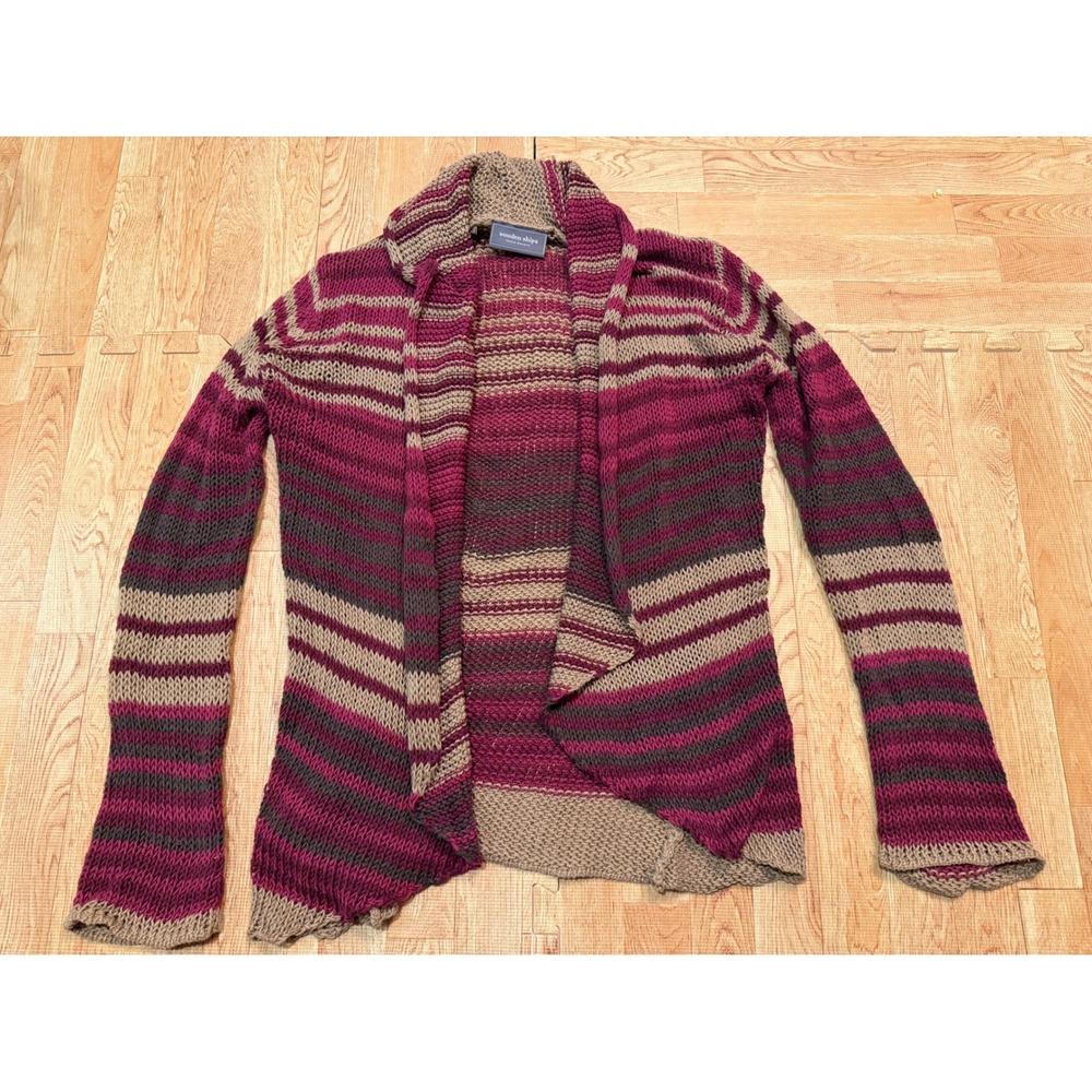 Wooden Ships Paola Buendia Striped Open Knit Cardigan Magenta Tan S/M